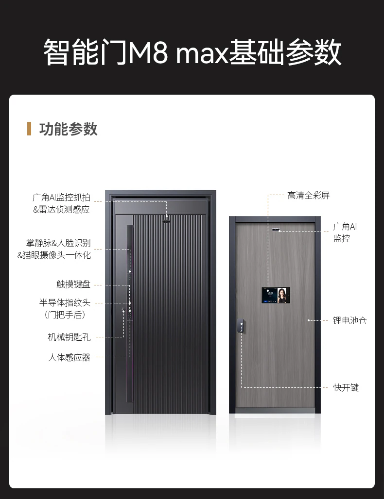 紫珺保智能门M8max旗舰版︱Ai三摄 内外可视